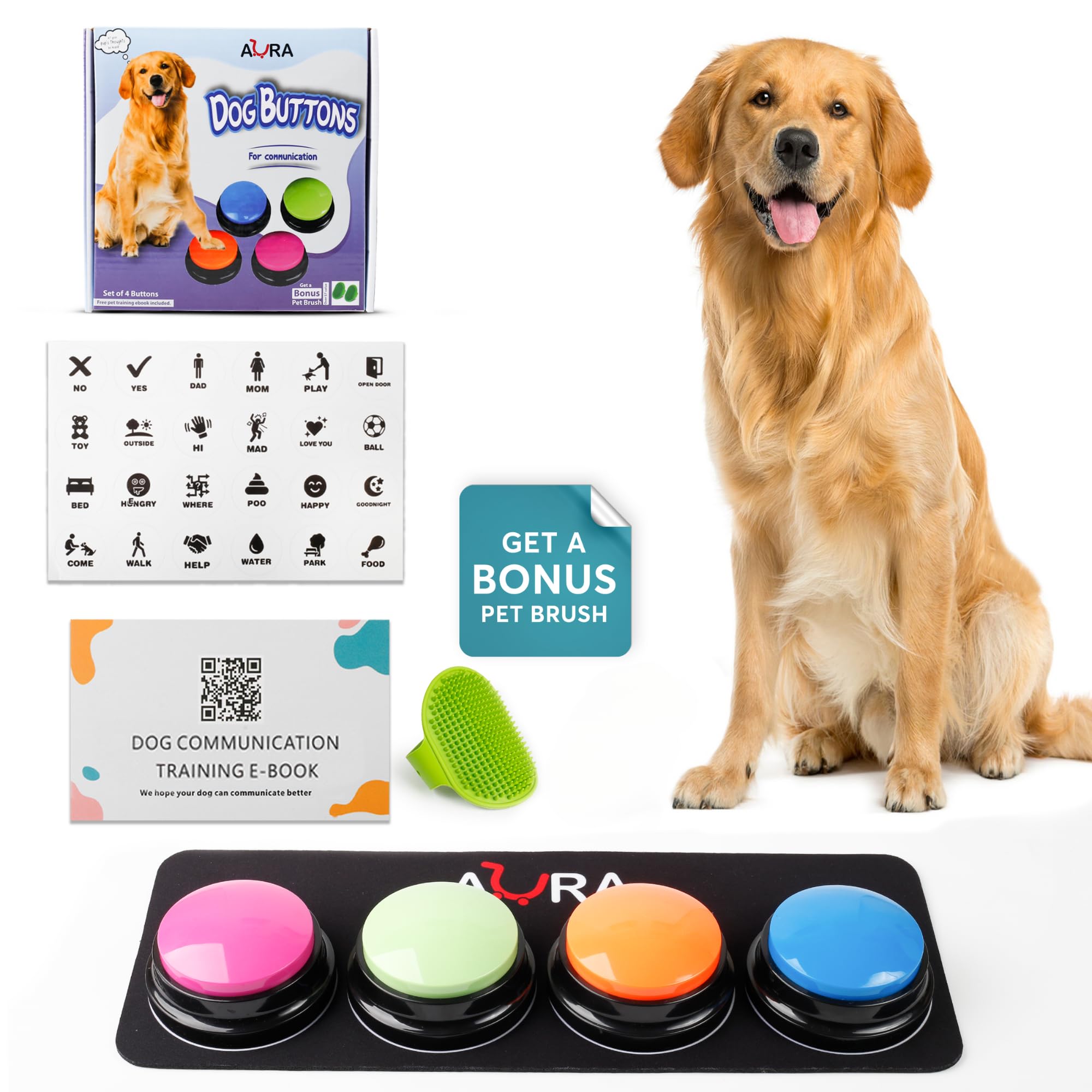 A-URA dog buttons communication set with four buttons for interactive cue-response training.