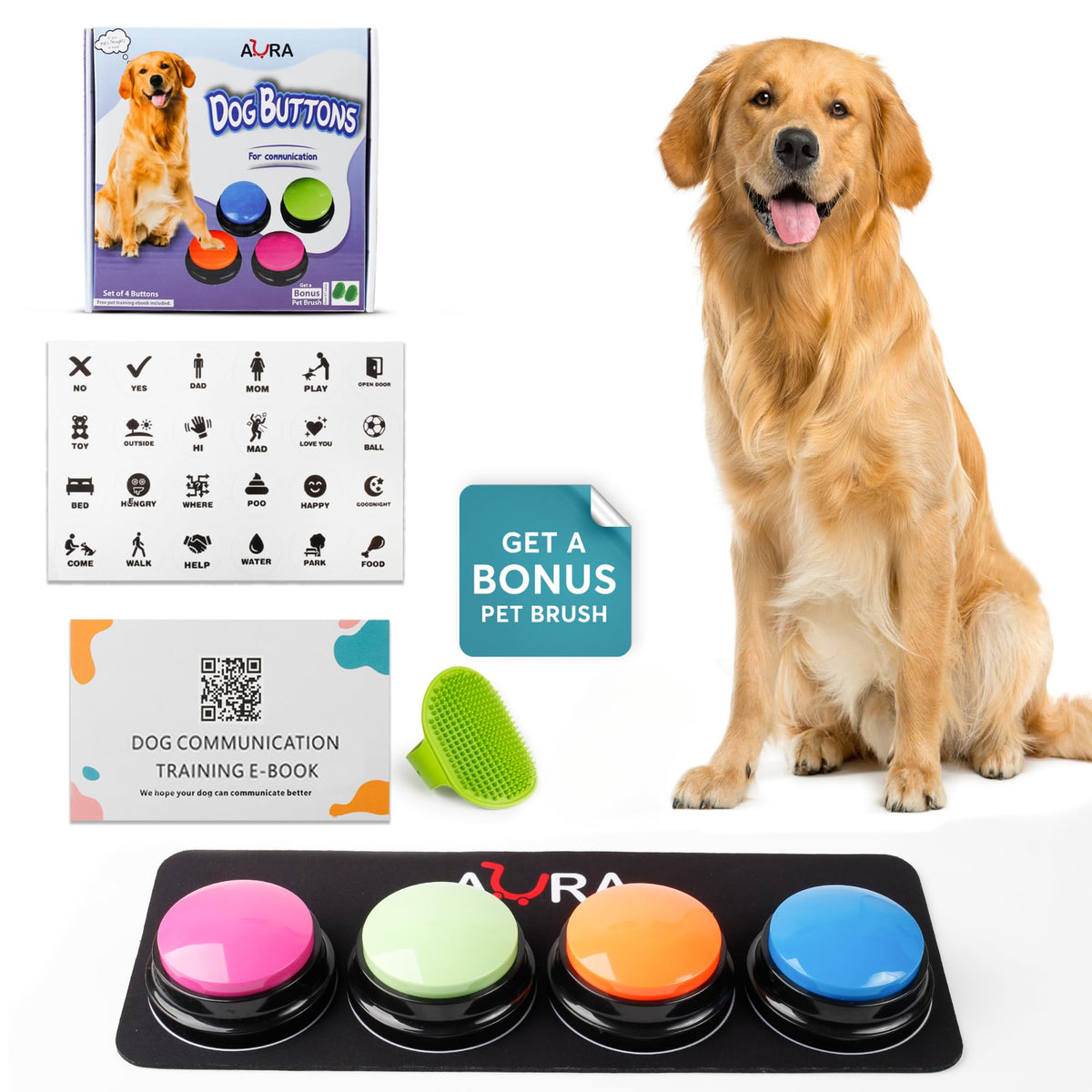A-URA dog buttons communication set with four buttons for interactive cue-response training.