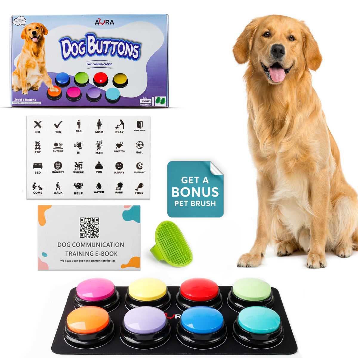 A-URA dog buttons pack 8 ready for varied training prompts and interactive play