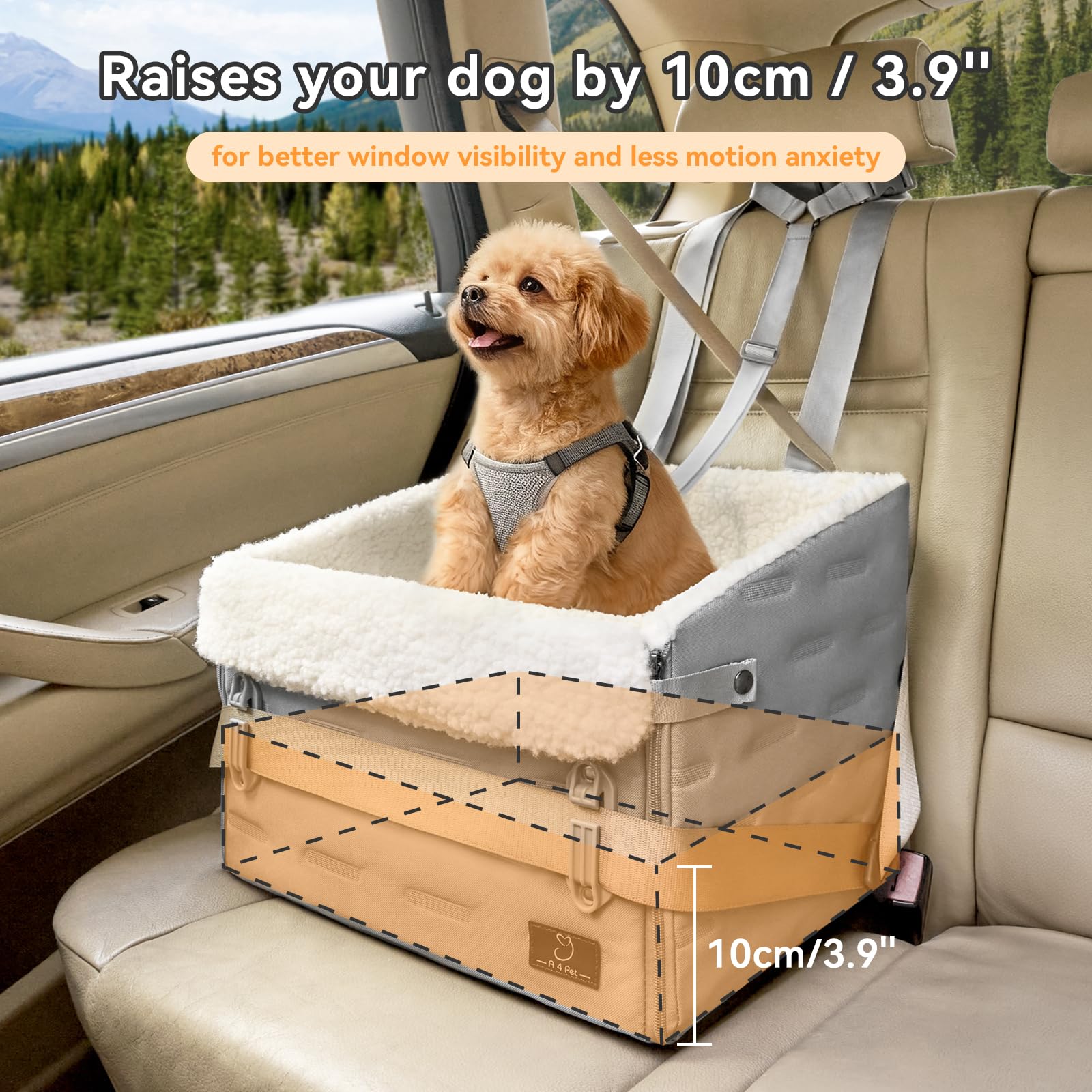 A 4 Pet elevated-view booster enables window visibility to help calm dogs.