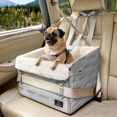 A 4 Pet dog car seat with patented safety buckle keeps small dogs secure during car rides.