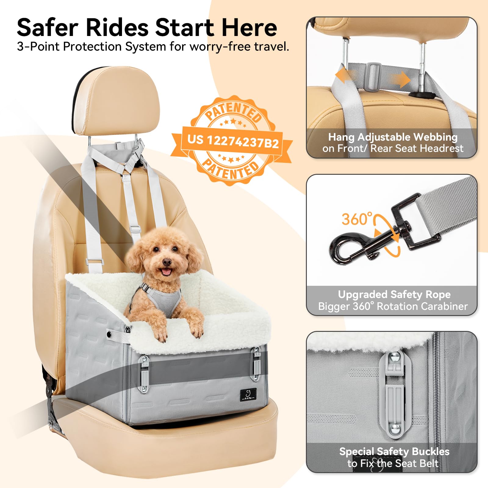 A 4 Pet plush travel bed feature highlights soft padding for comfort on trips.