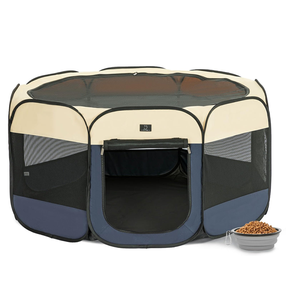 A 4 Pet portable dog playpen shows quick pop-up setup for easy travel