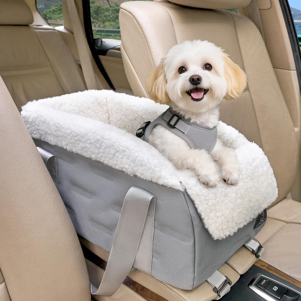 A 4 Pet center-console seat close-up showing double-safety buckles for small dogs.