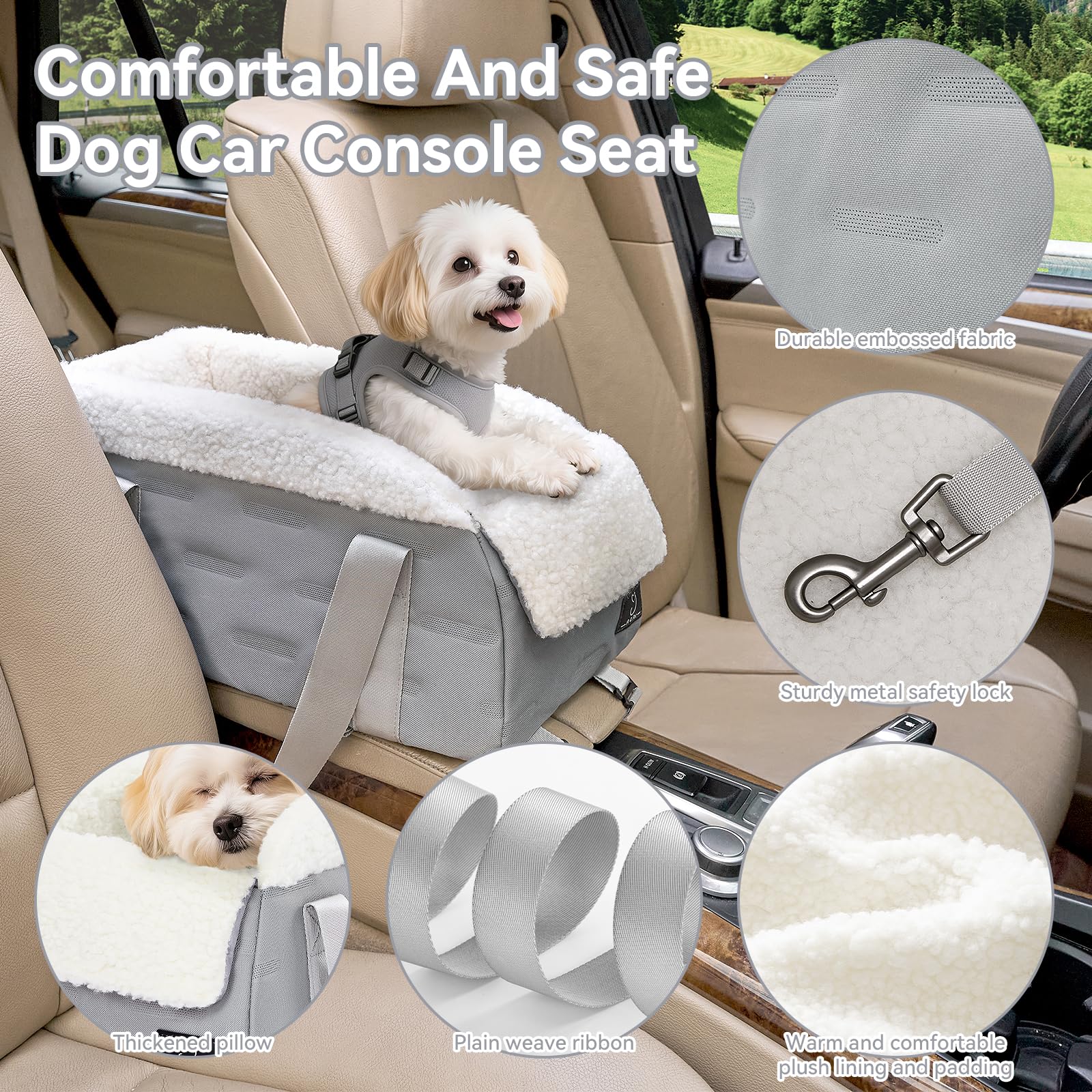 A 4 Pet center-console seat padded tether and boosters reduce movement.