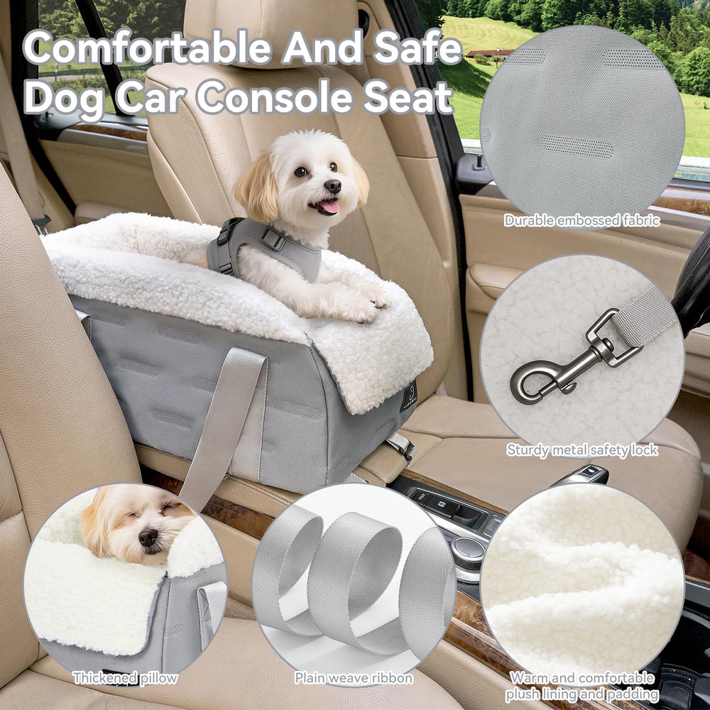 A 4 Pet center-console seat padded tether and boosters reduce movement.