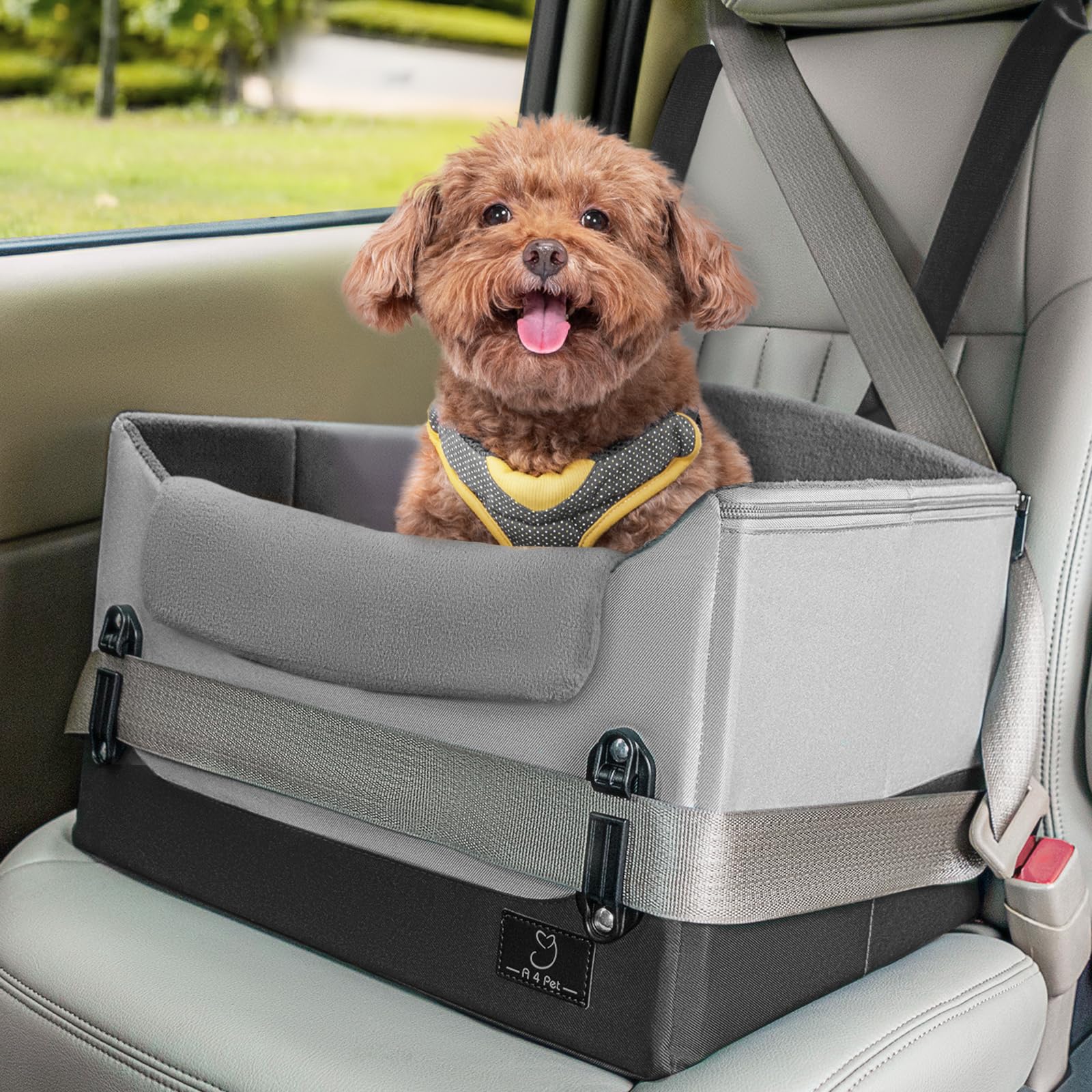 A4Pet upgraded dog car seat front view showing secure travel with patent buckles.