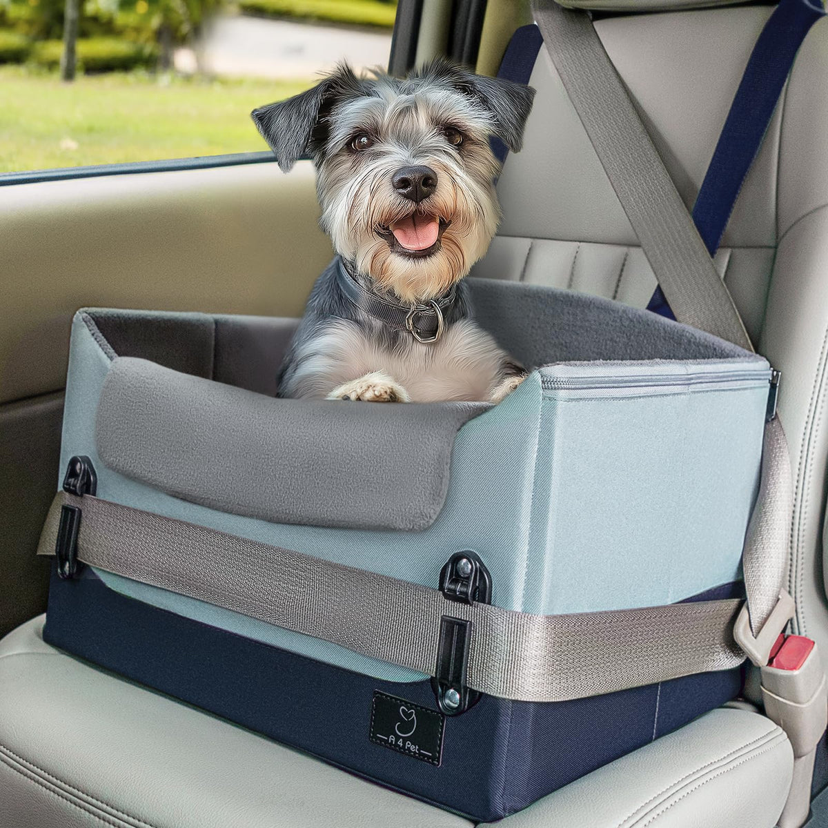A4Pet upgraded dog car seat front view showing safety features for small dogs