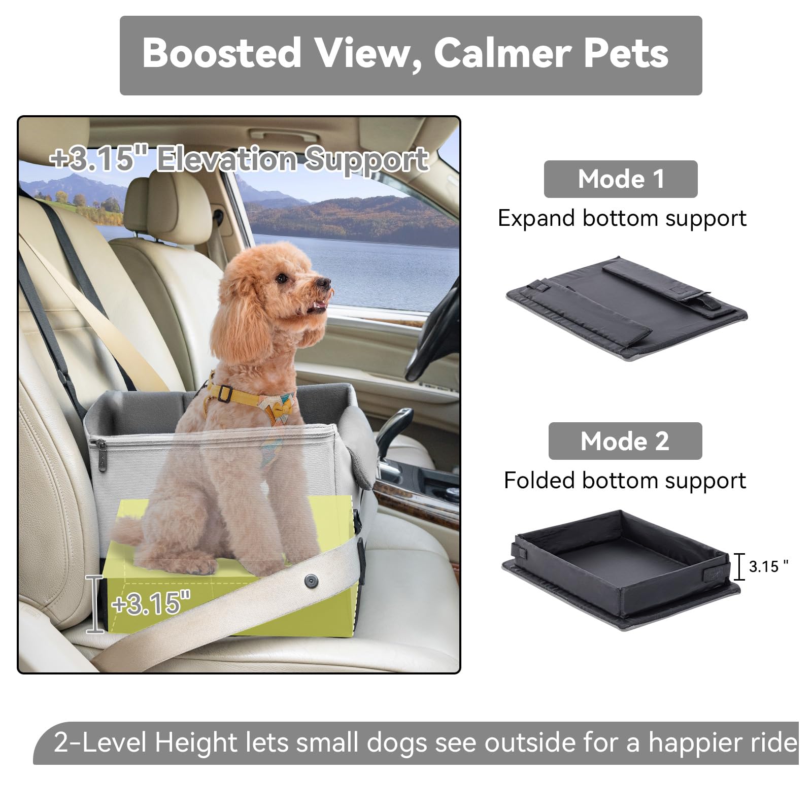 A4Pet upgraded seat raised view emphasizes better outside visibility and calmer rides.