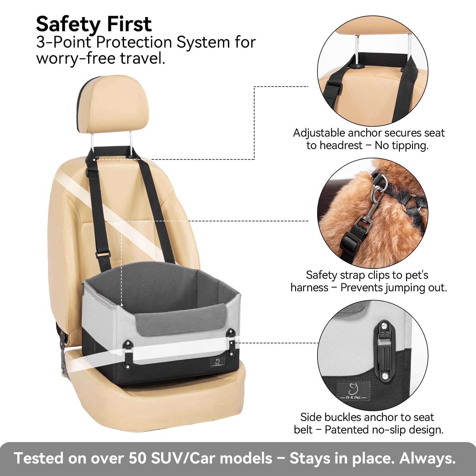 A4Pet car seat side view demonstrates stability for small dogs during steering and curves.