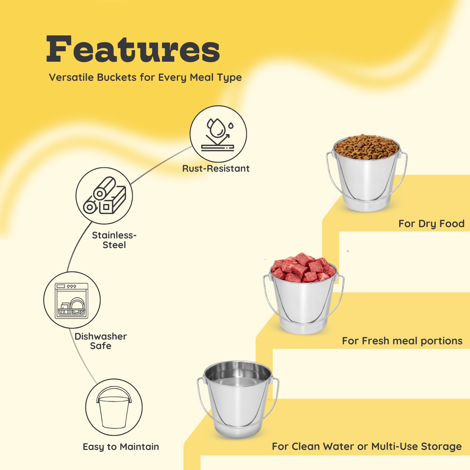 AASPIRE PETS round design stainless bucket in kennel setup supports convenient feeding