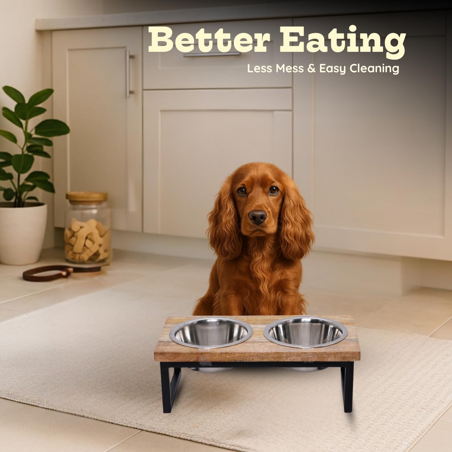 AASPIRE PETS raised feeding station with iron frame prevents tipping during meals.