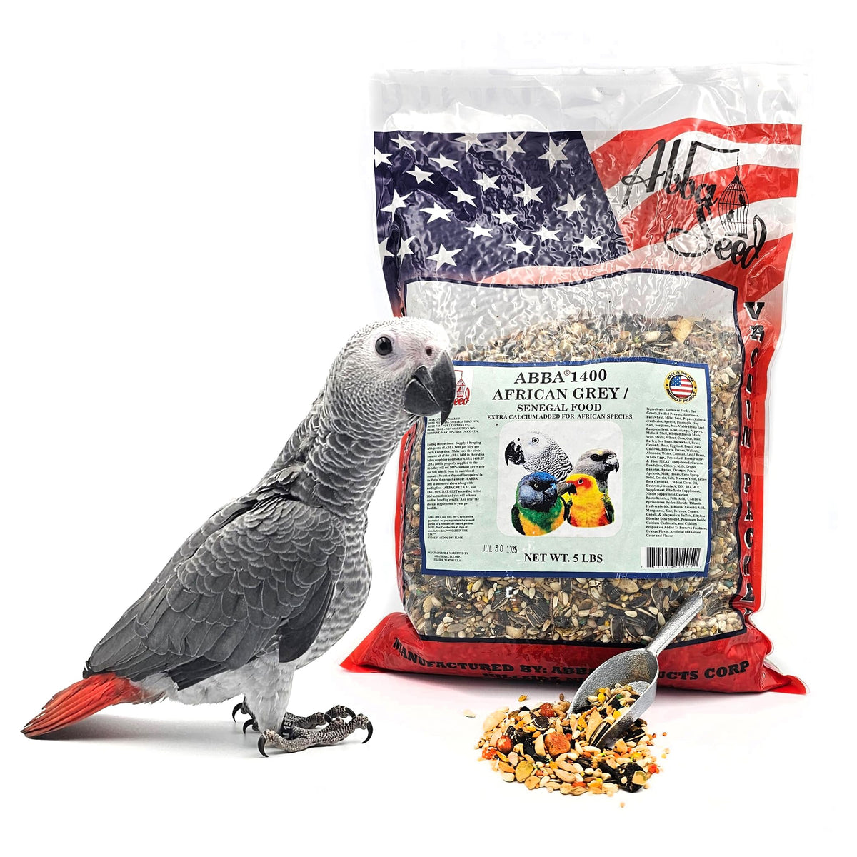 ABBA 1400 Premium Bird Food packaging showing wholesome ingredients for balanced parrot nutrition