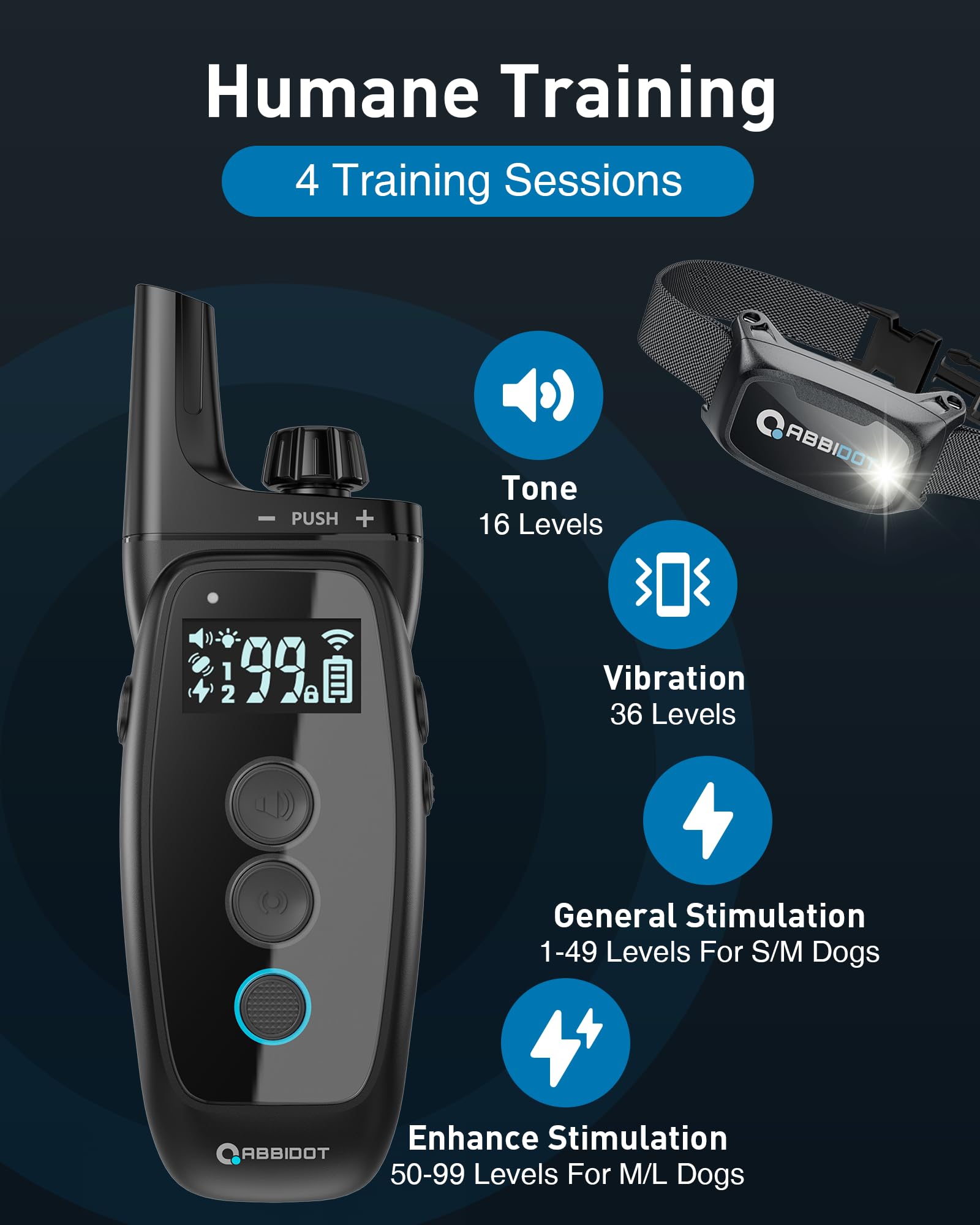 ABBIDOT remote control for dog collar shown for convenient remote training.