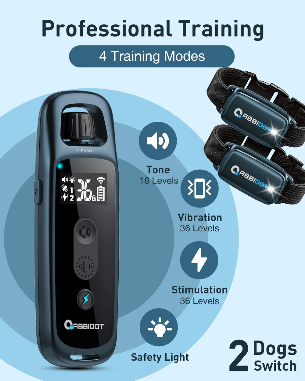 ABBIDOT dual-channel remote supports two dogs for efficient training.