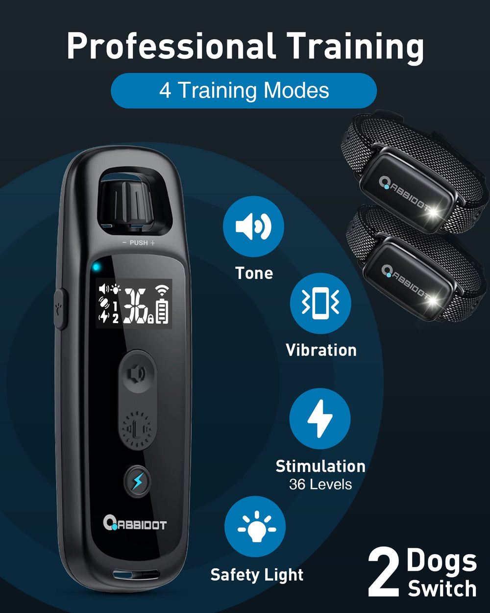 ABBIDOT dual-channel trainer receiver enables training two dogs simultaneously.