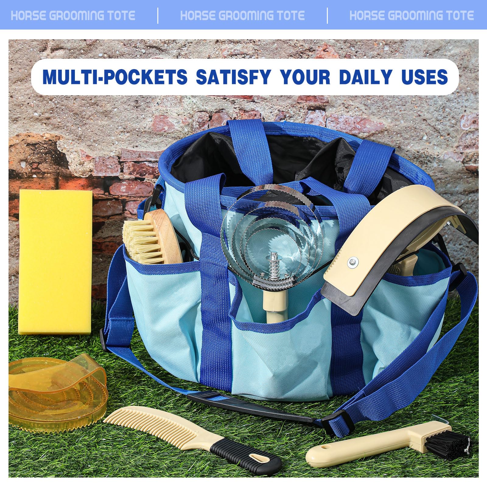 Abbylike blue oxford fabric bag protects grooming tools in any weather.