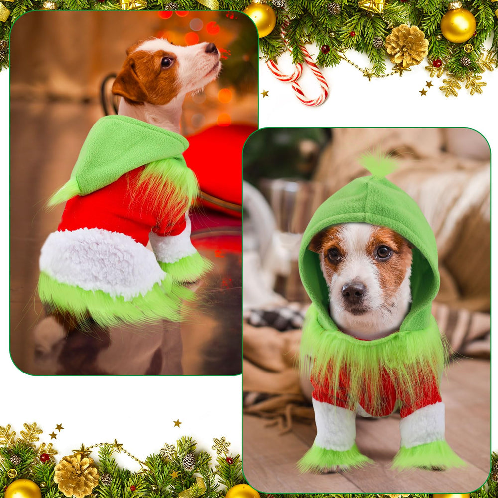 Abbylike dog-cat Christmas outfit green hoodie hat action during holiday celebration