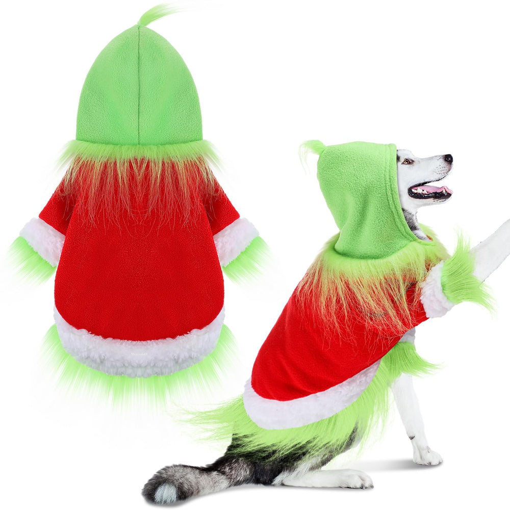 Abbylike dog Christmas outfit green hoodie with hat front view shows festive holiday look for photos