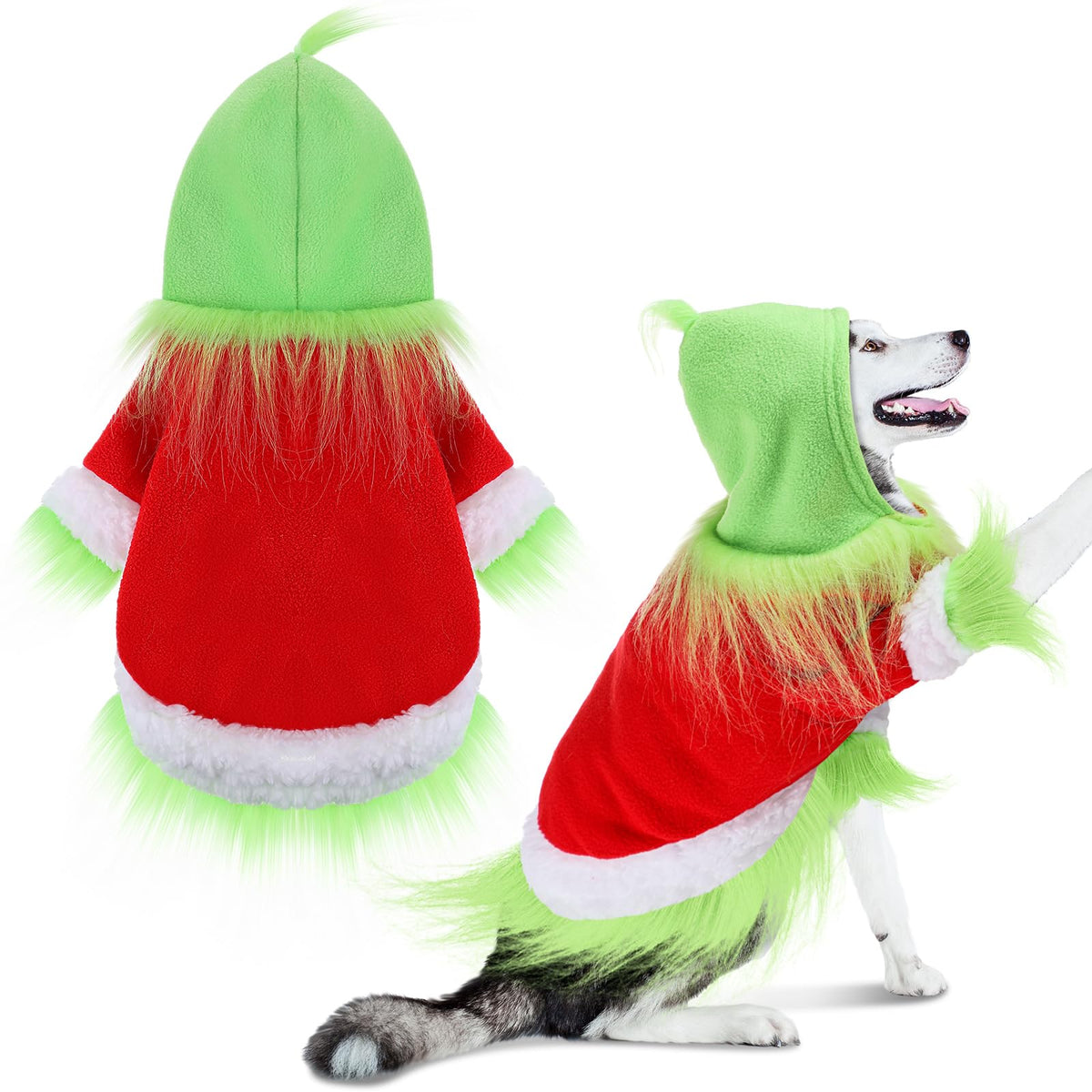 Abbylike dog Christmas outfit green hoodie with hat front view shows festive holiday look for photos