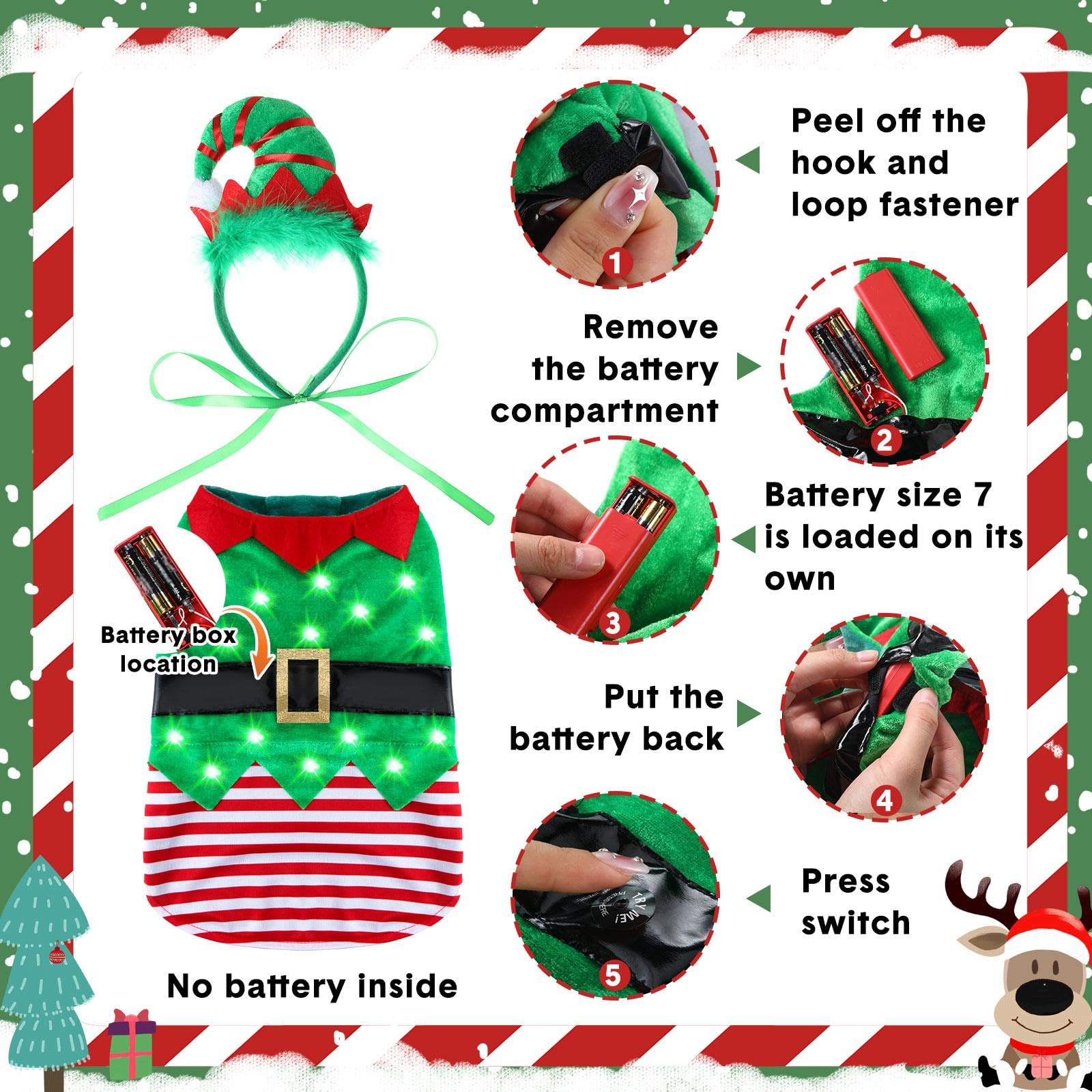 Abbylike Christmas dog elf costume shows visible light strings for night visibility.