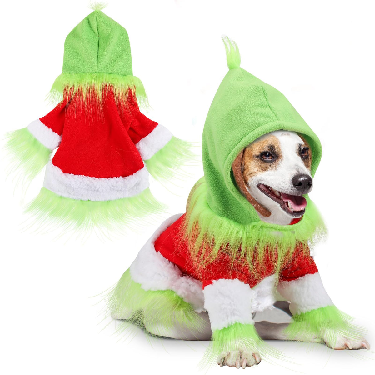 Abbylike Christmas outfit on dog with green hoodie and hat, ideal for festive photos