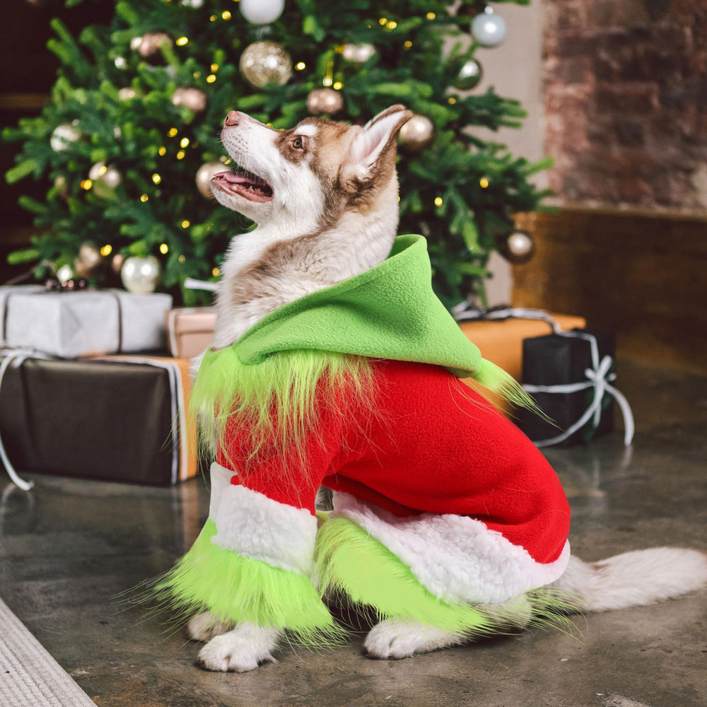 Abbylike green hoodie hat on dog, easy-to-wear design for Christmas parties