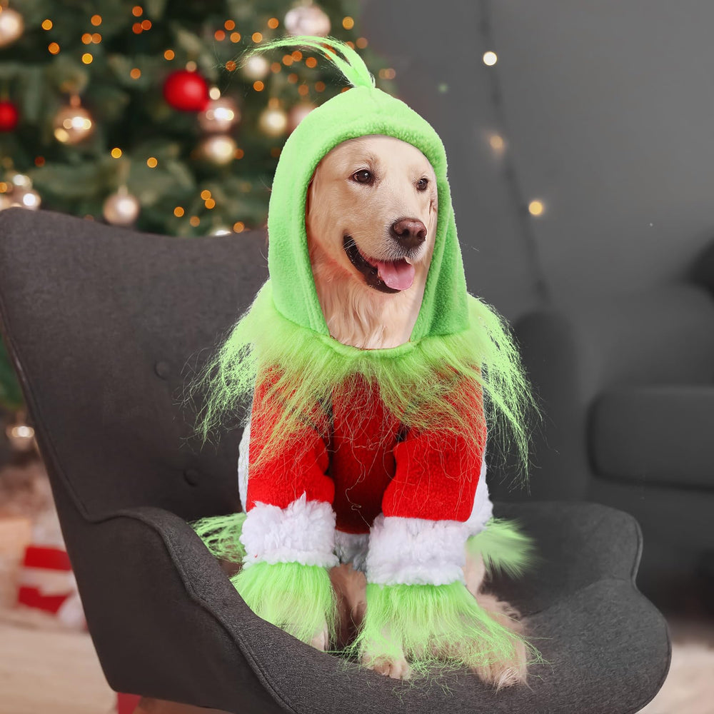Abbylike green hoodie with hat ensemble on pet for playful holiday cosplay