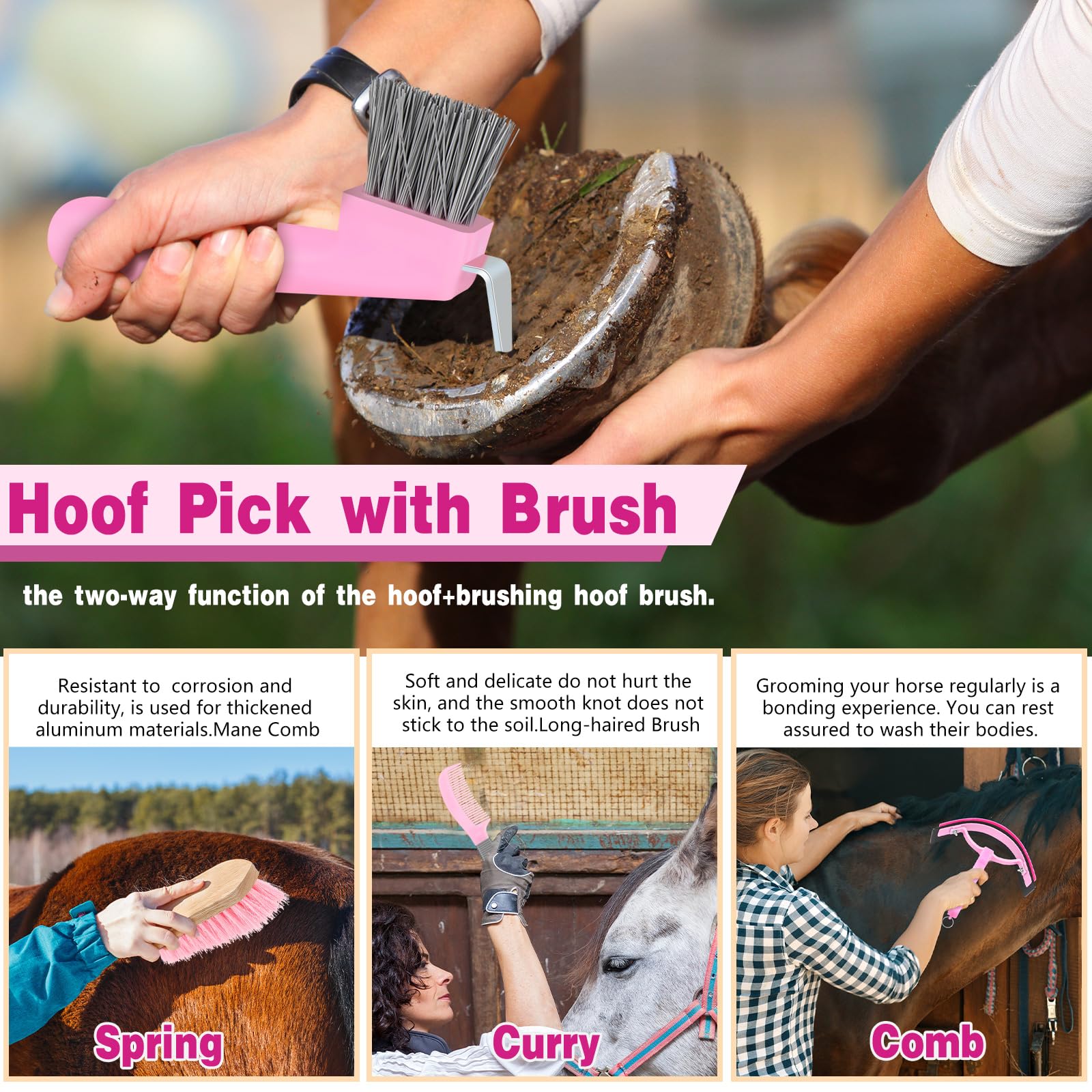 Abbylike hoof pick with brush supports hoof care and neat tails.