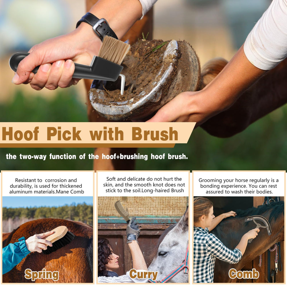 Abbylike hoof pick with brush helps clean hooves safely.