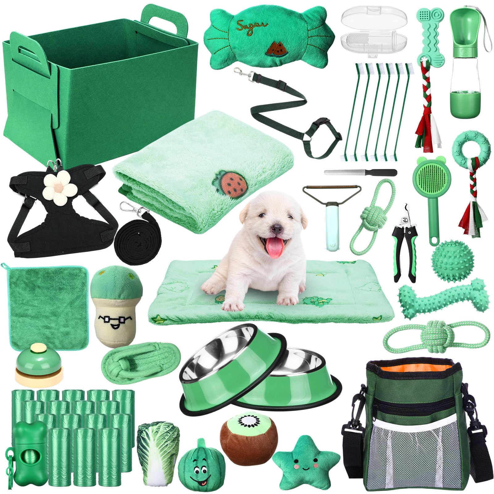Abbylike Puppy Starter Kit green storage basket keeps puppy gear organized and accessible.