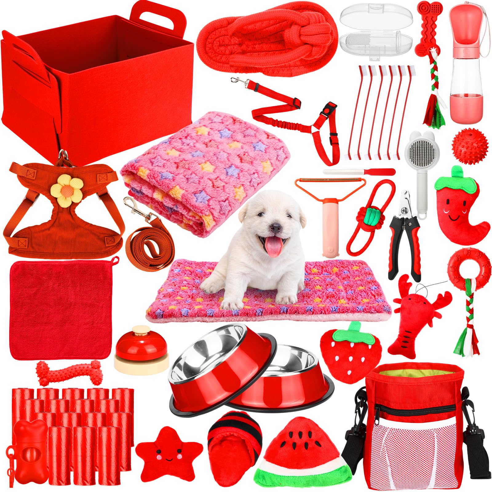 Abbylike puppy starter kit overview highlights red essentials for a smooth home transition.