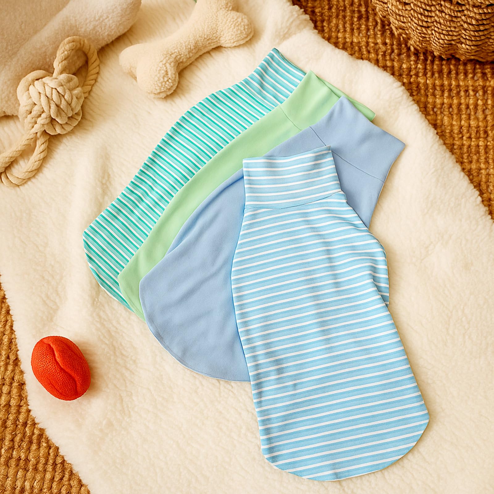 Abbylike sky blue and green pullovers shown as cute winter outfits for pets.