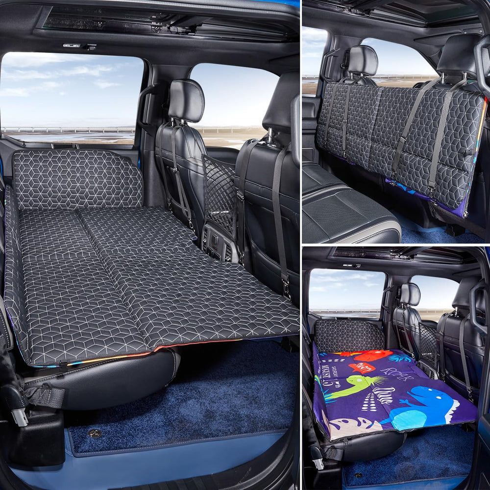 ABE dog back seat extender on a truck bed mattress for comfortable road trips