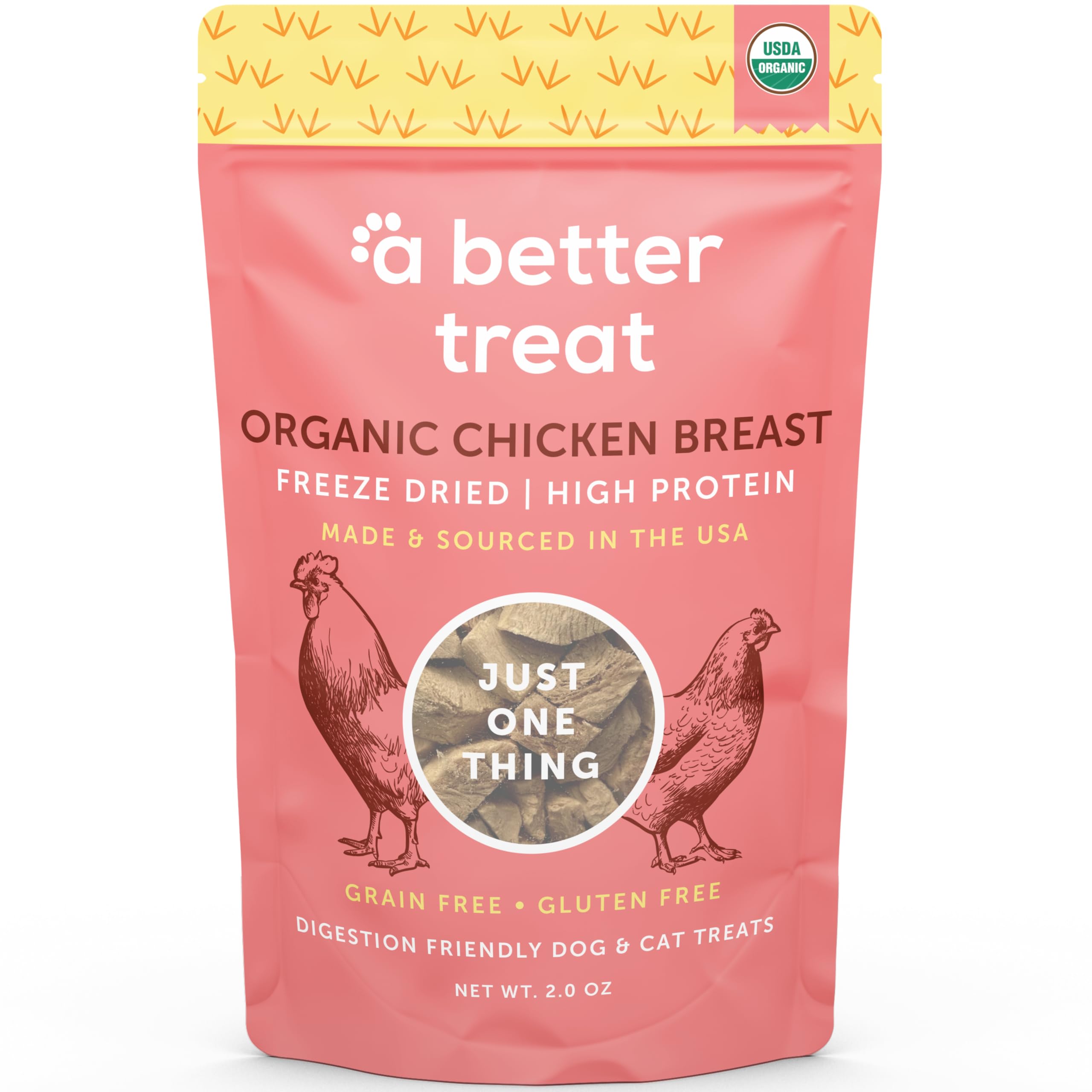 A Better Treat organic freeze-dried chicken breast hero image shows a high-protein reward for dogs.