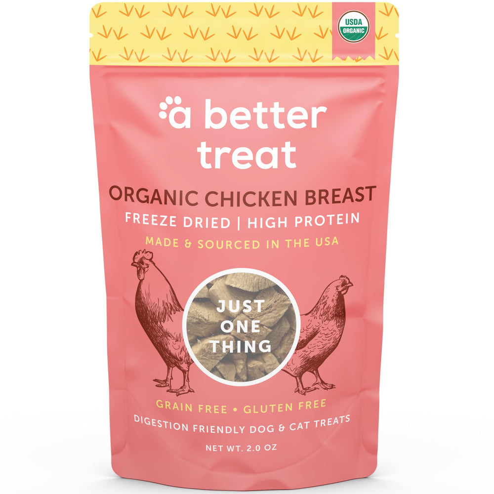 A Better Treat organic freeze-dried chicken breast hero image shows a high-protein reward for dogs.