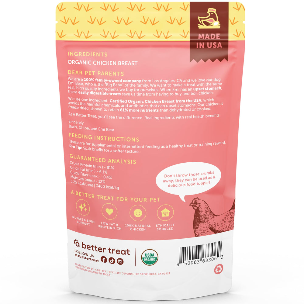 A Better Treat ingredients detail highlights clean, grain-free nutrition in the product.