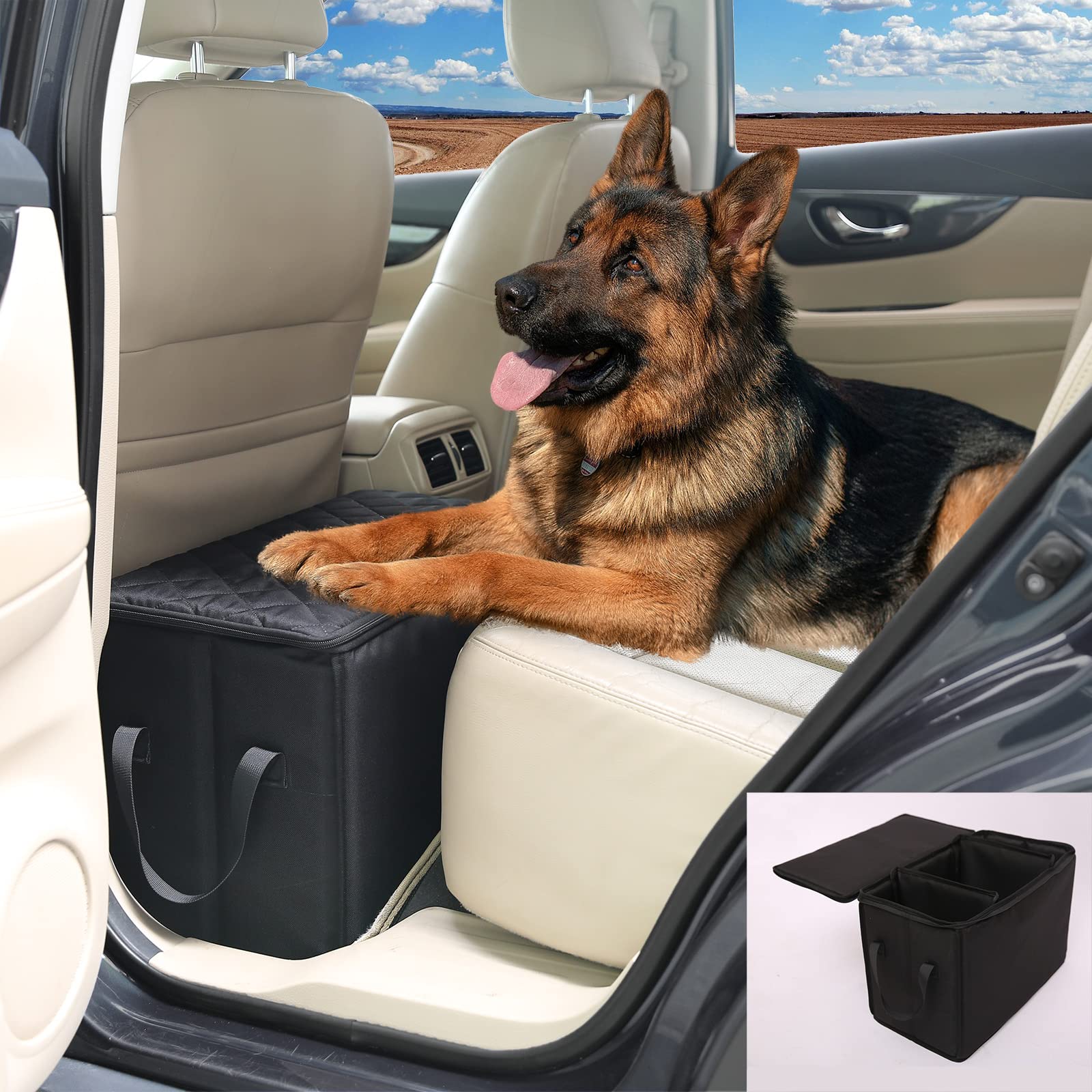 Ablechien dog seat extender front view showing extra space for a secure ride