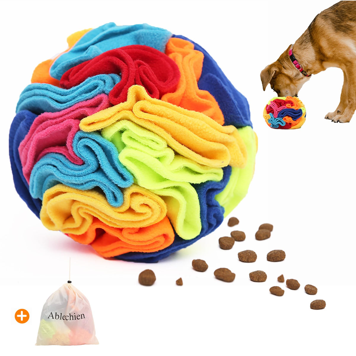 Ablechien Snuffle Ball close-up shows durable fleece for safe play.