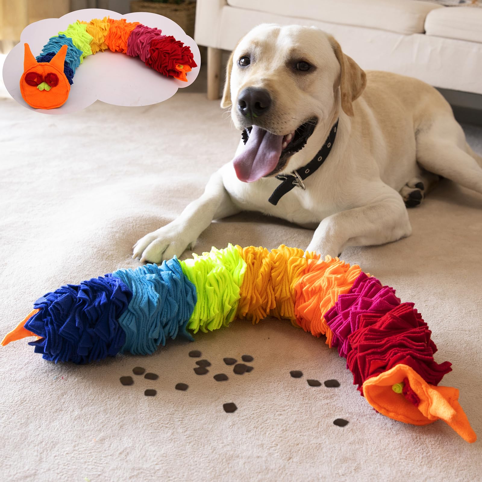 Ablechien Snuffle Ball Rainbow Snuffle Snake image highlights interactive treat dispensing