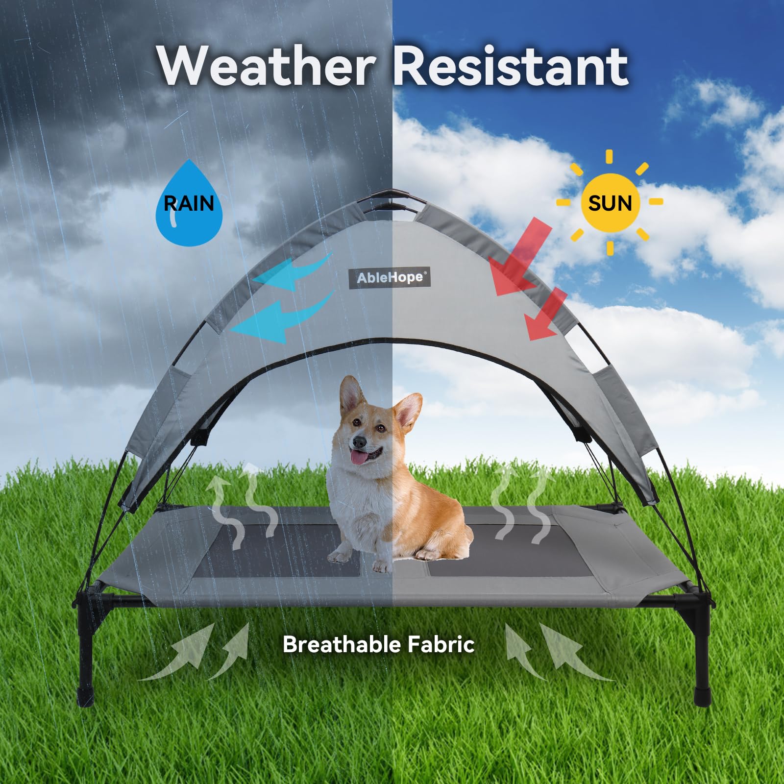 AbleHope elevated pet cot assembly-kit image demonstrates tool-free setup for portable use