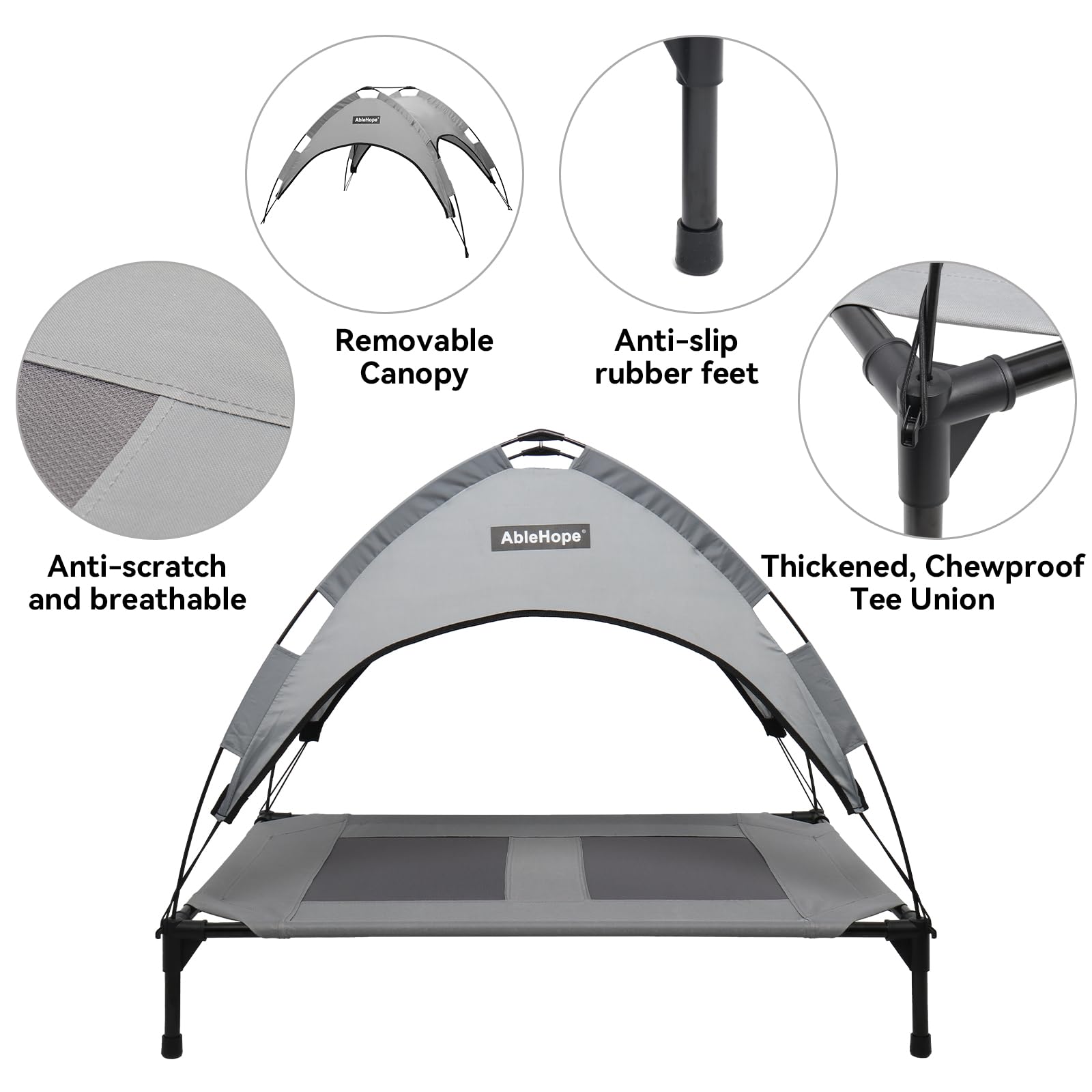 AbleHope elevated pet cot canopy image shows detachable shade for UV protection during outdoor lounging