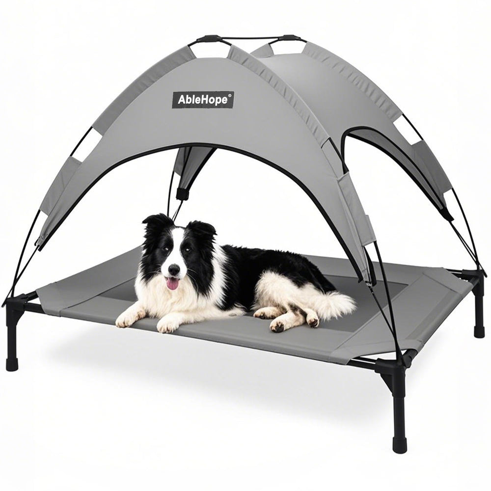 AbleHope elevated pet cot frame demonstrates sturdy indoor/outdoor support up to 130 lbs