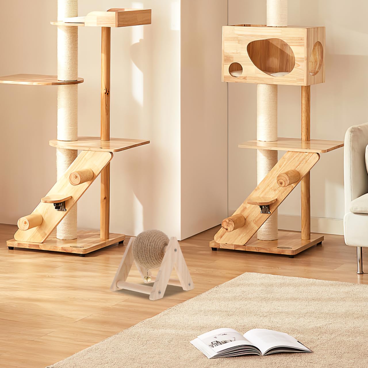 ABOOFAN triangular wood frame scratcher supports larger cats during play.