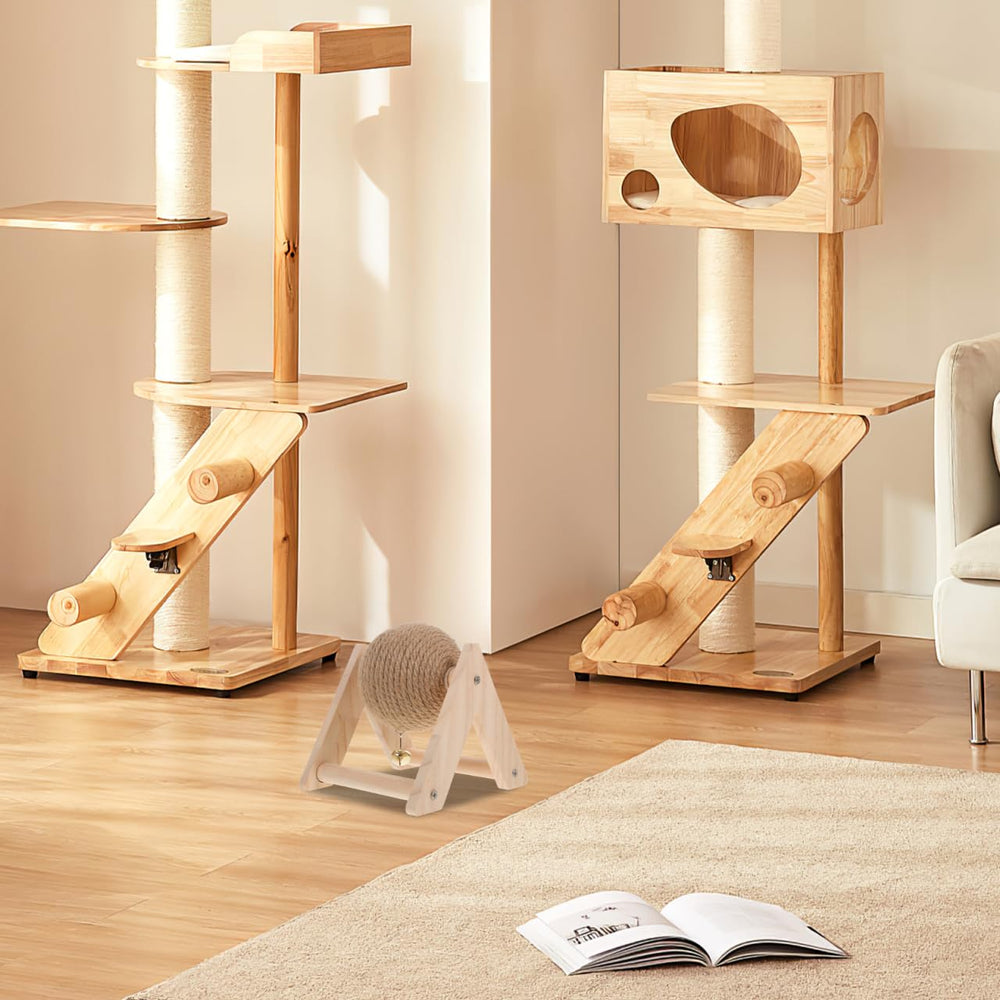 ABOOFAN triangular wood frame scratcher supports larger cats during play.