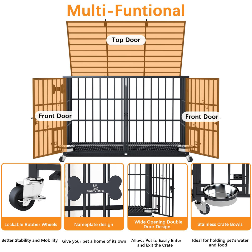 aboxoo crate with two feeding doors and stainless bowls for convenient mealtime access.