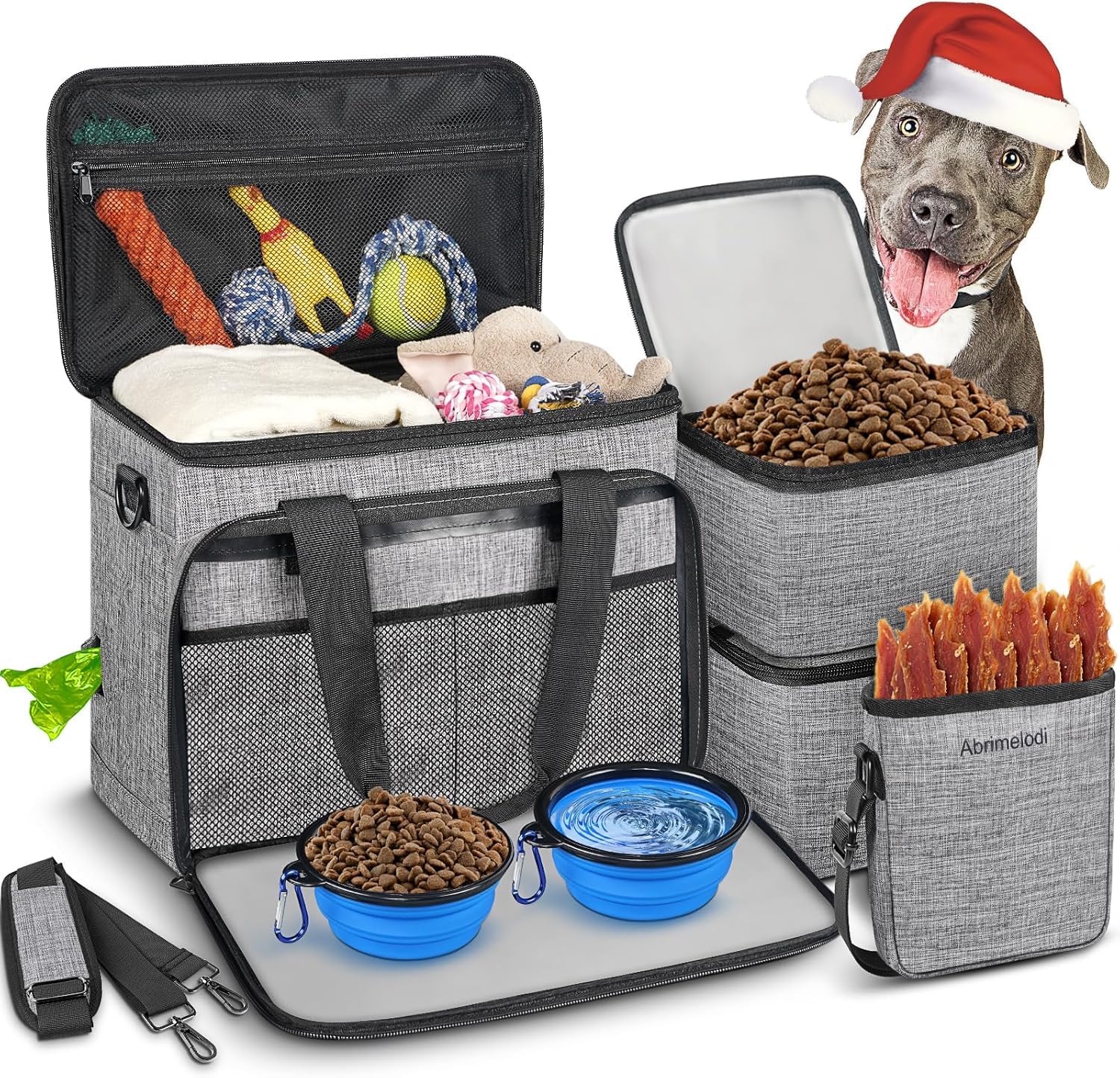 Abrimelodi dog travel bag full-set view highlights organized compartments for easy trips