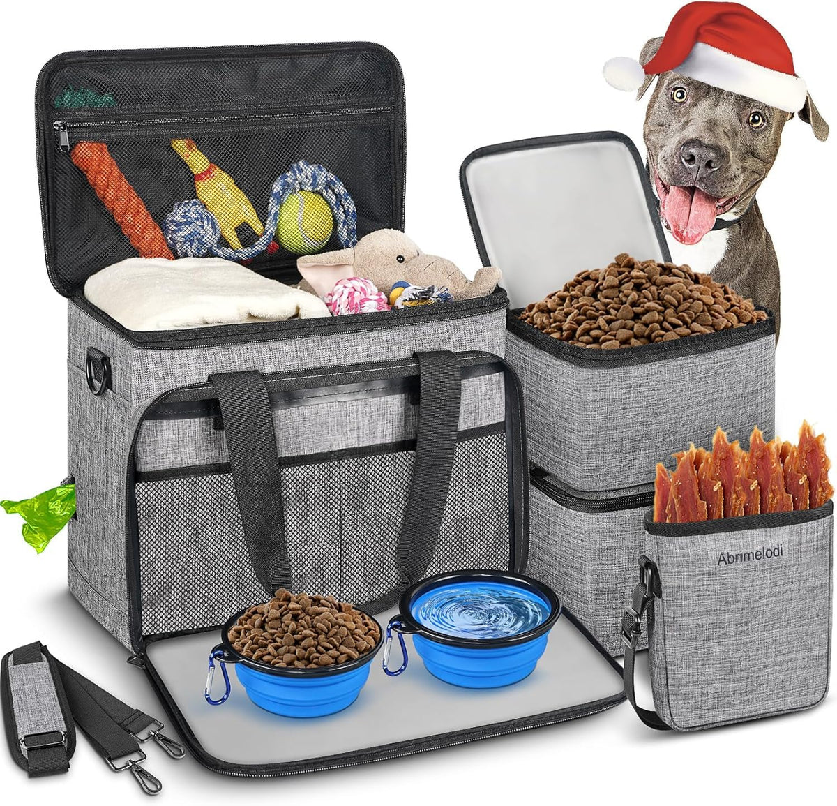Abrimelodi dog travel bag full-set view highlights organized compartments for easy trips