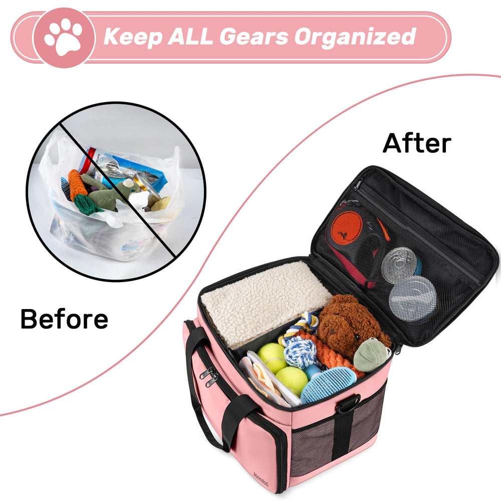 Abrimelodi travel bag side pocket holds poop bags for quick cleanup.