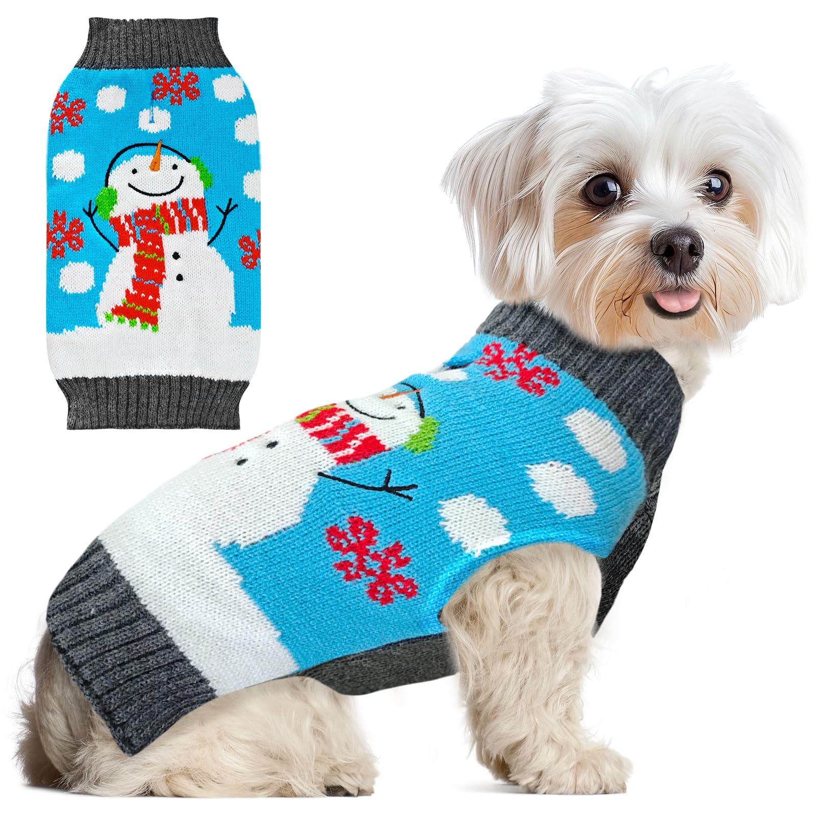 ABRRLO blue snowman dog sweater for festive outdoor photos and warmth.